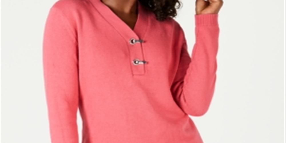 Karen Scott Women's Cotton Toggle Henley Sweater Pink Size Petite L