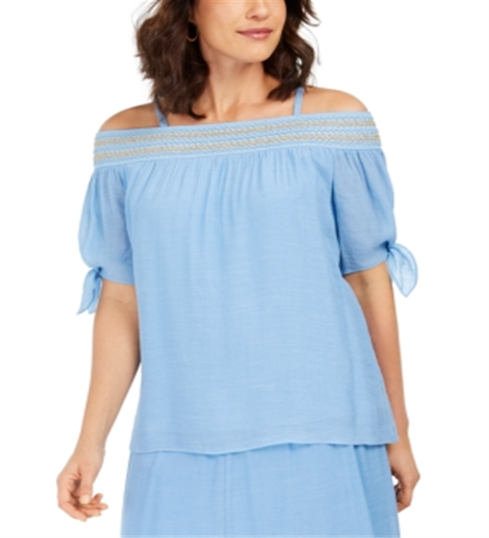 JM Collection Women's Smocked Off the Shoulder Gauze Top Blue Size XX-Large