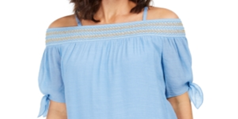 JM Collection Women's Smocked Off the Shoulder Gauze Top Blue Size XX-Large