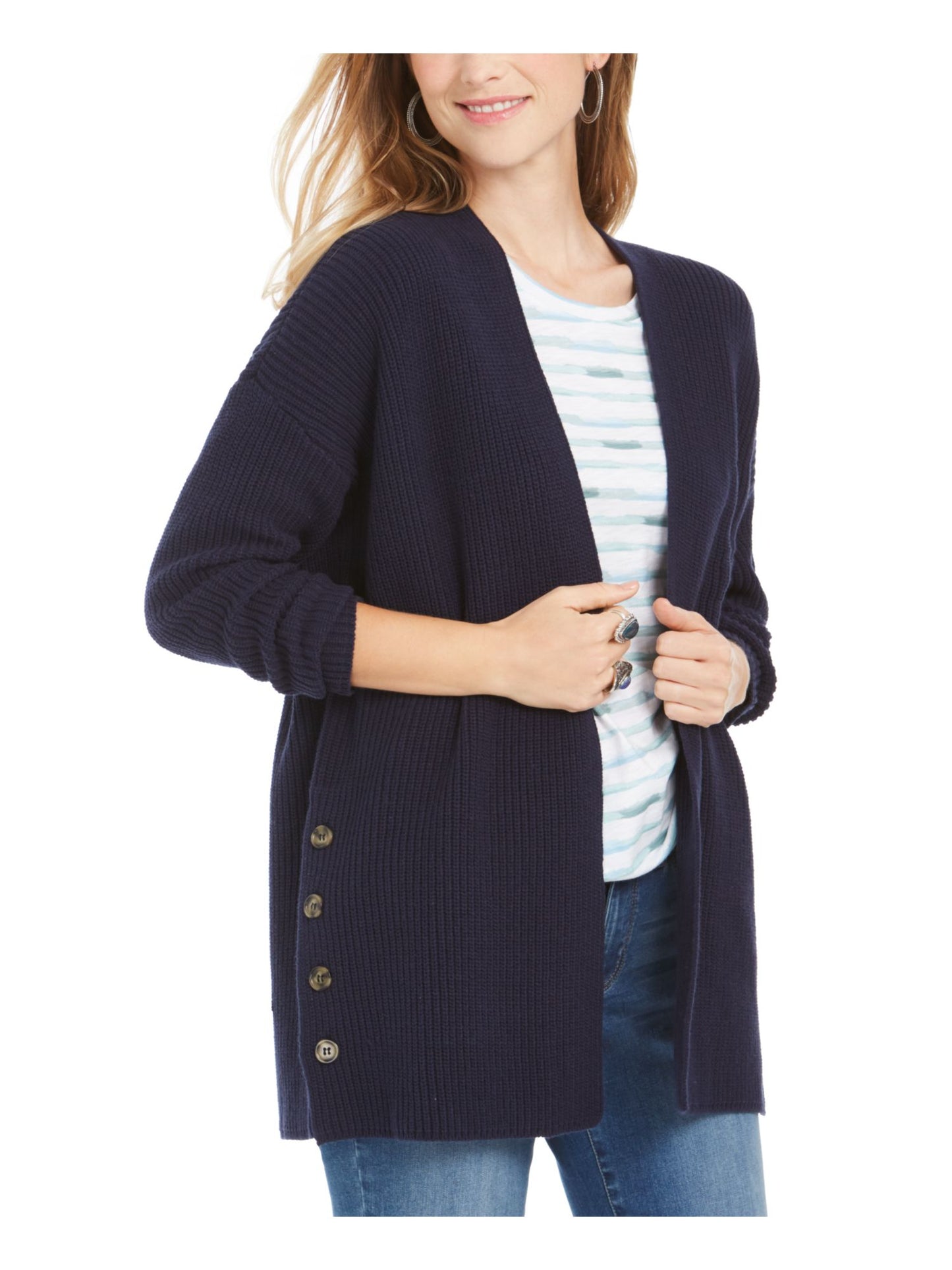 Style & Co Women's Embellished Ribbed Long Sleeve Sweater Blue Size Petite Small