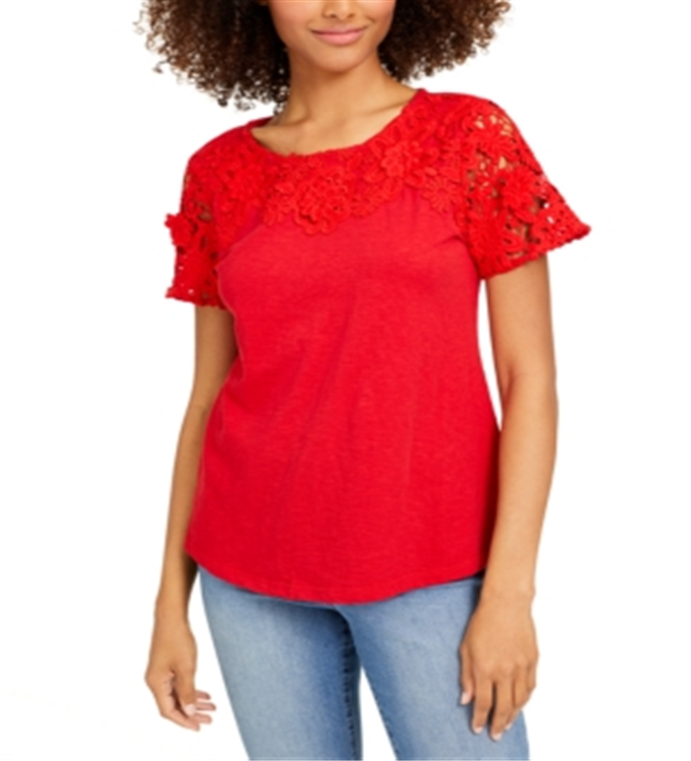 Charter Club Women's Cotton Lace Embellished T-Shirt Red Size X-Large