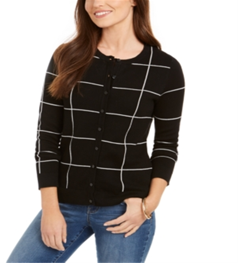 Charter Club Women's Windowpane Cardigan Sweater Black Size Petite Large