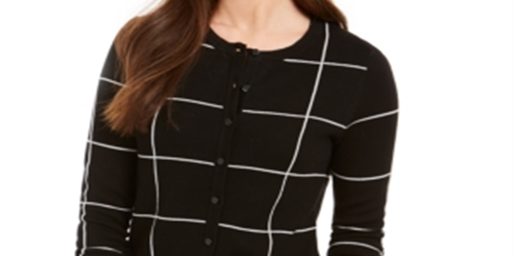 Charter Club Women's Windowpane Cardigan Sweater Black Size Petite Large