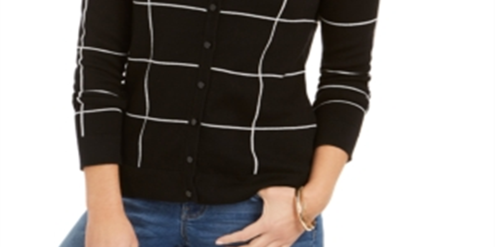 Charter Club Women's Windowpane Cardigan Sweater Black Size Petite Large