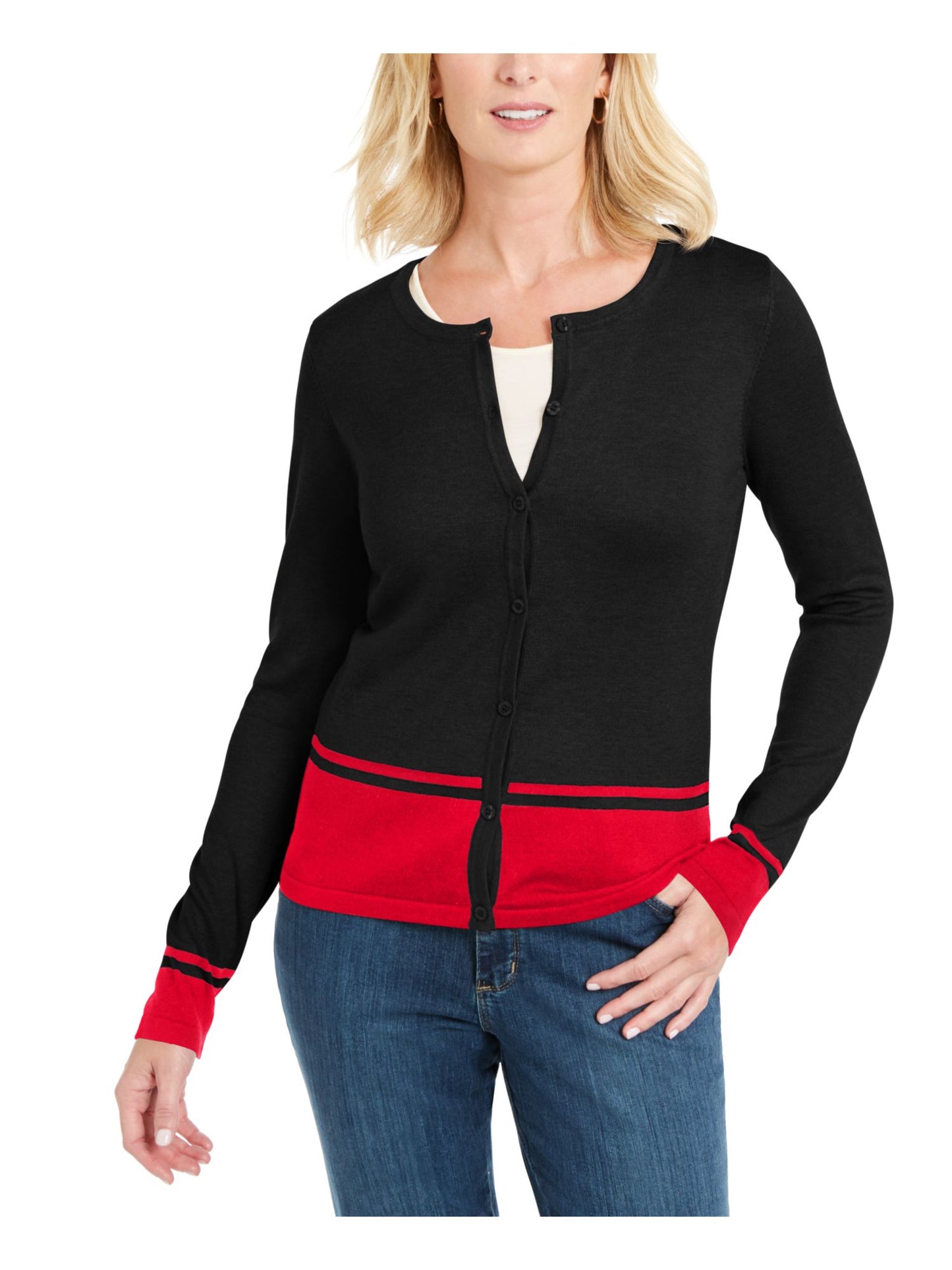 Karen Scott Women's Button Color Block Long Sleeve Open Cardigan Sweater Black Size Petite Small