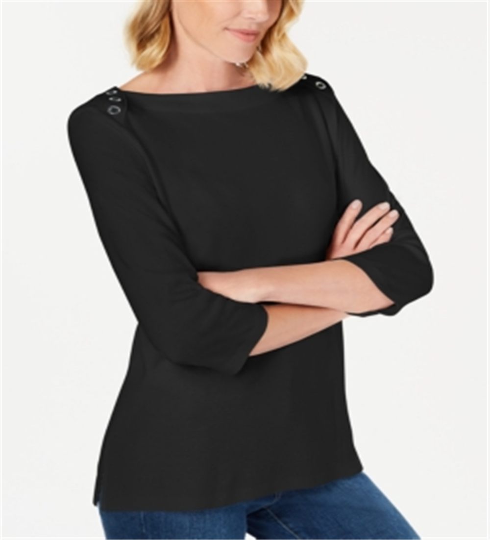 Karen Scott Women's Grommet Trim 3/4 Sleeve Top Black Size Medium
