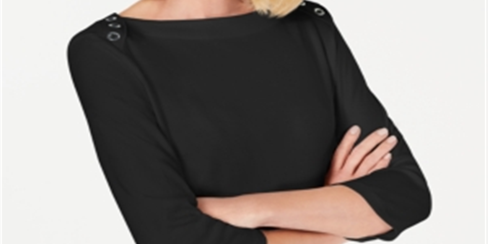 Karen Scott Women's Grommet Trim 3/4 Sleeve Top Black Size Medium