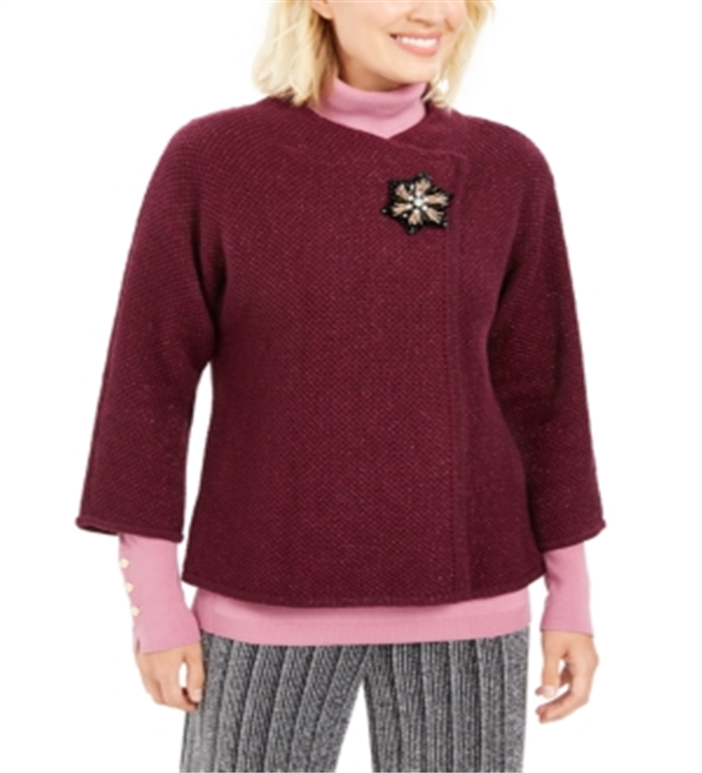 JM Collection Women's Holiday Party Metallic Textured Brooch Sweater Jacket Purple Size Small