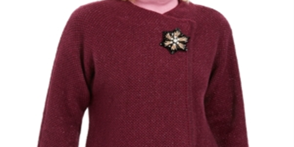 JM Collection Women's Holiday Party Metallic Textured Brooch Sweater Jacket Purple Size Small