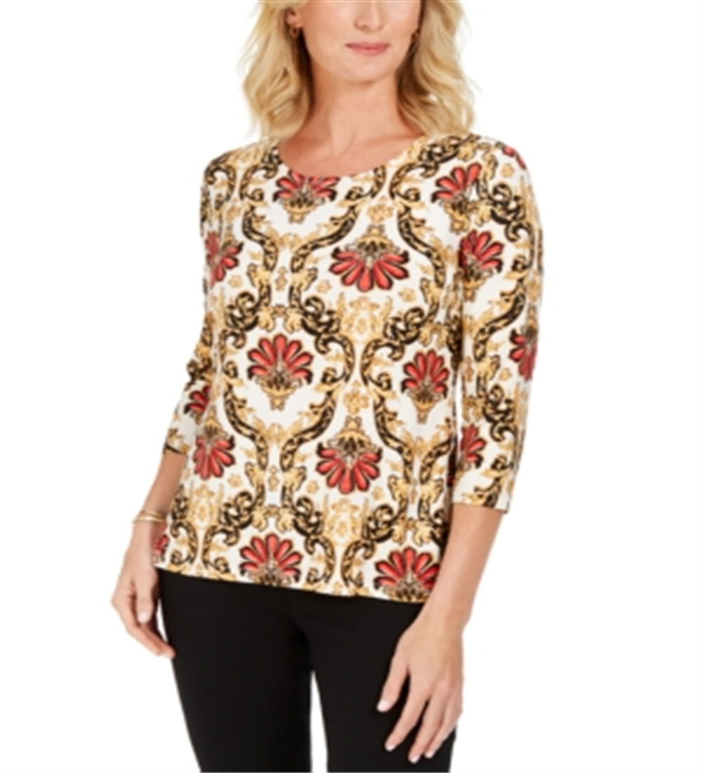 JM Collection Women's Printed Jacquard Top Brown Multi Size Petite XL