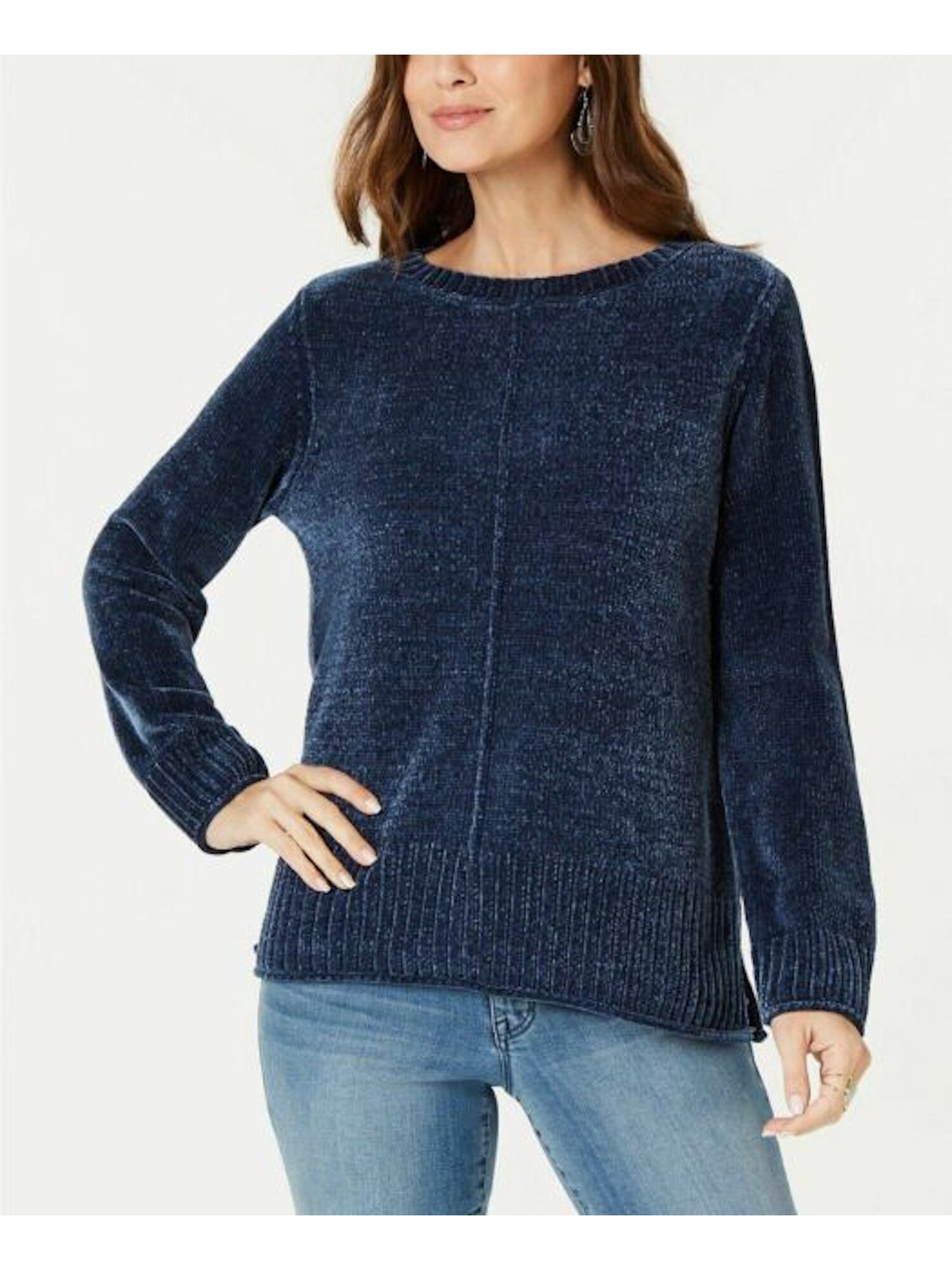 Style & Co Women's Textured Heather Long Sleeve Crew Neck Blouse Sweater Blue Size XS