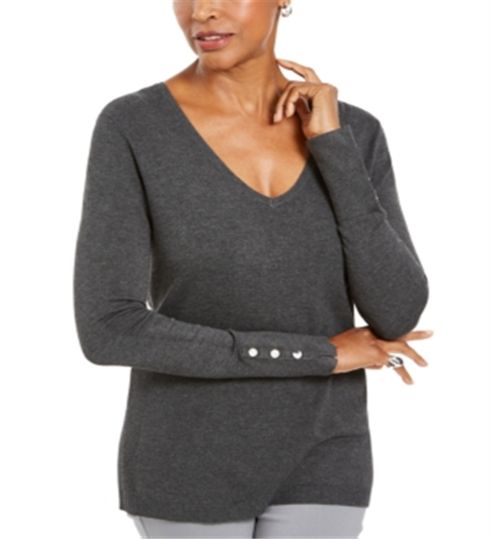 JM Collection Women's Embellished Sleeve V Neck Sweater Gray Size Large