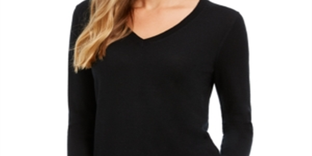 Charter Club Women's Merino Wool Button Cuff V Neck Sweater Black Size Small