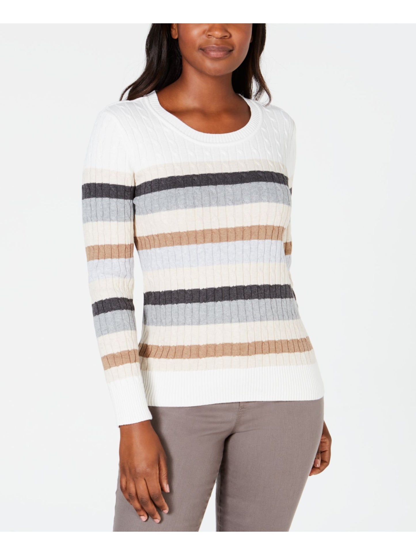 Karen Scott Women's Striped Cotton Cable Knit Sweater White Size Petite S/M