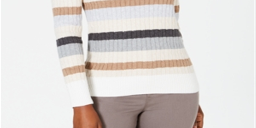 Karen Scott Women's Striped Cotton Cable Knit Sweater White Size Petite S/M
