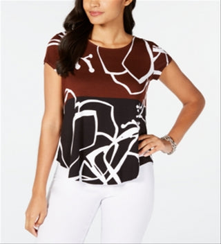 Alfani Women's Wave Print Top Brown Size Petite
