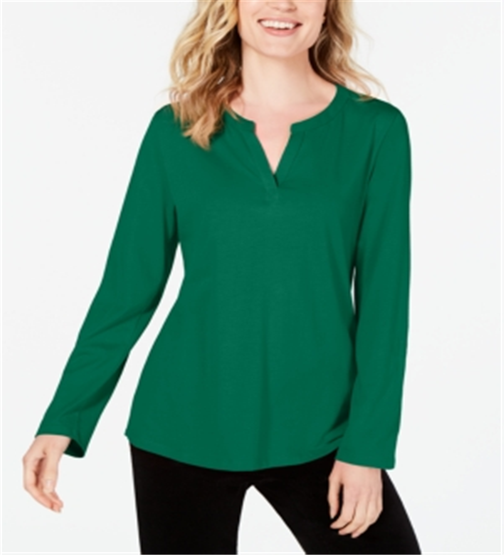 Charter Club Women's Supima Cotton Split Neck Top Green Size Medium