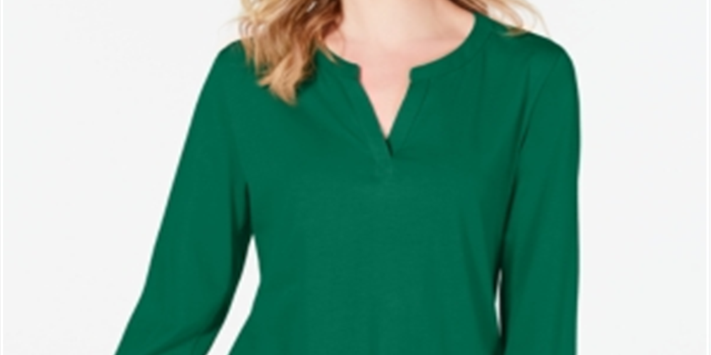 Charter Club Women's Supima Cotton Split Neck Top Green Size Medium