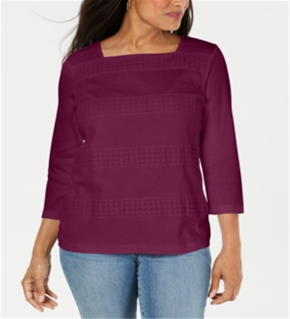 Karen Scott Women's Lace Square Neck 3/4 Sleeve Top Red Size Petite Medium