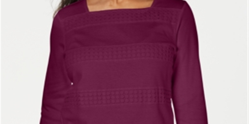 Karen Scott Women's Lace Square Neck 3/4 Sleeve Top Red Size Petite Medium