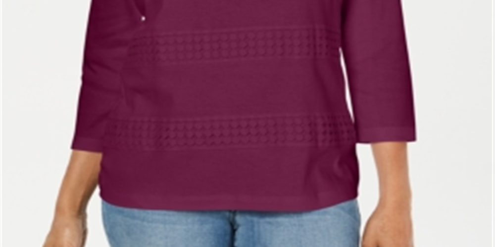 Karen Scott Women's Lace Square Neck 3/4 Sleeve Top Red Size Petite Medium