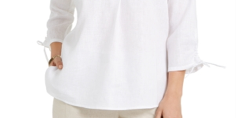 Charter Club Women's Woven Drawstring Tie Cuff Top White Size Medium