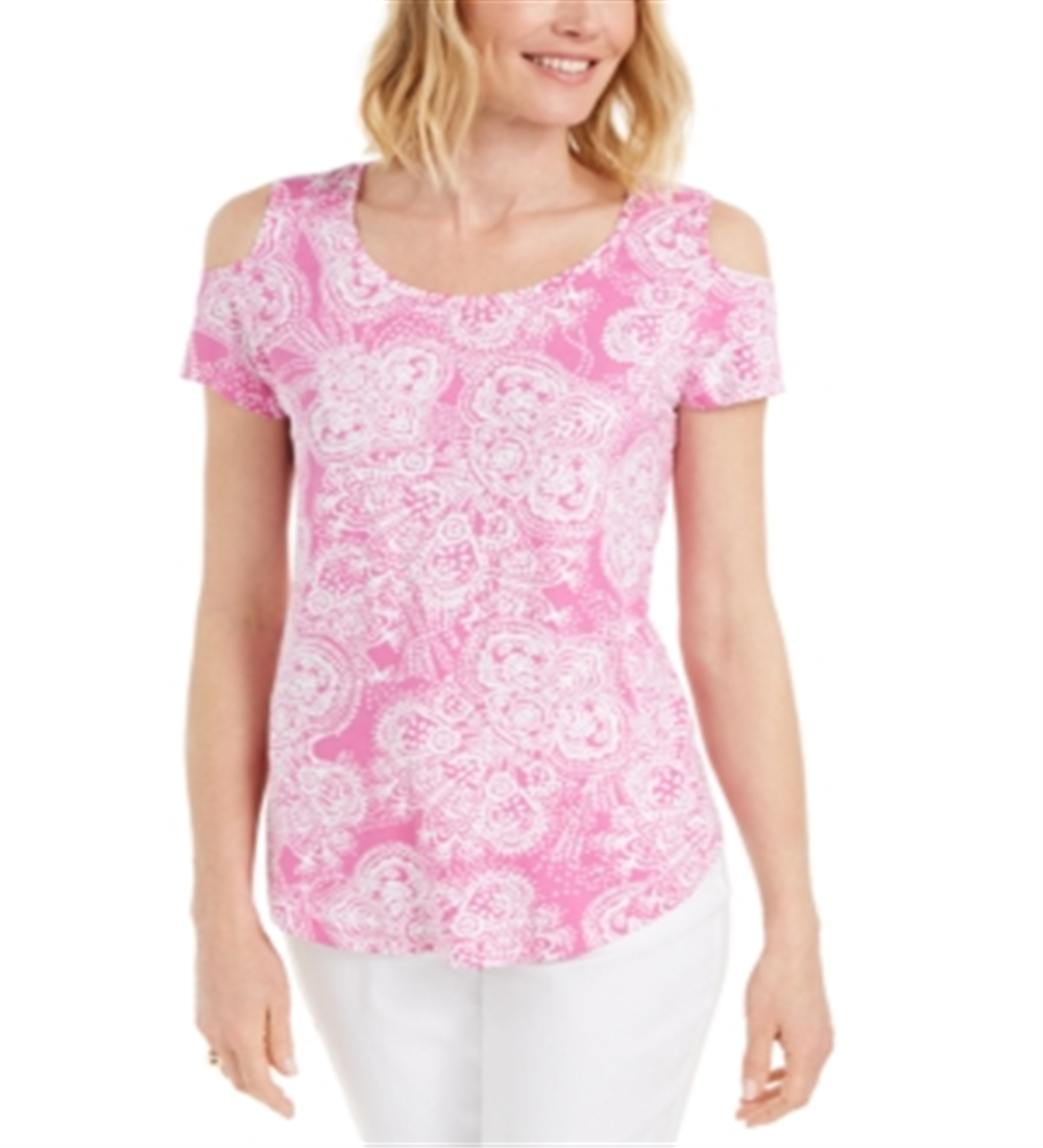 JM Collection Women's Printed Cold Shoulder Scoop Neck Top Pink Size X-Large