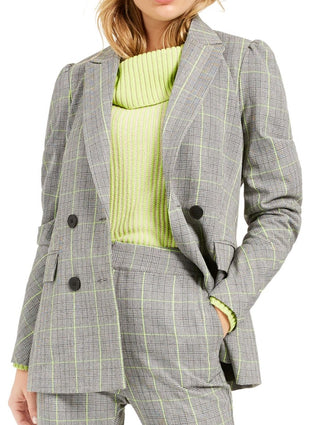 Bar III Women's Double Breasted Plaid Notch Collar Blazer Gray Size X-Large