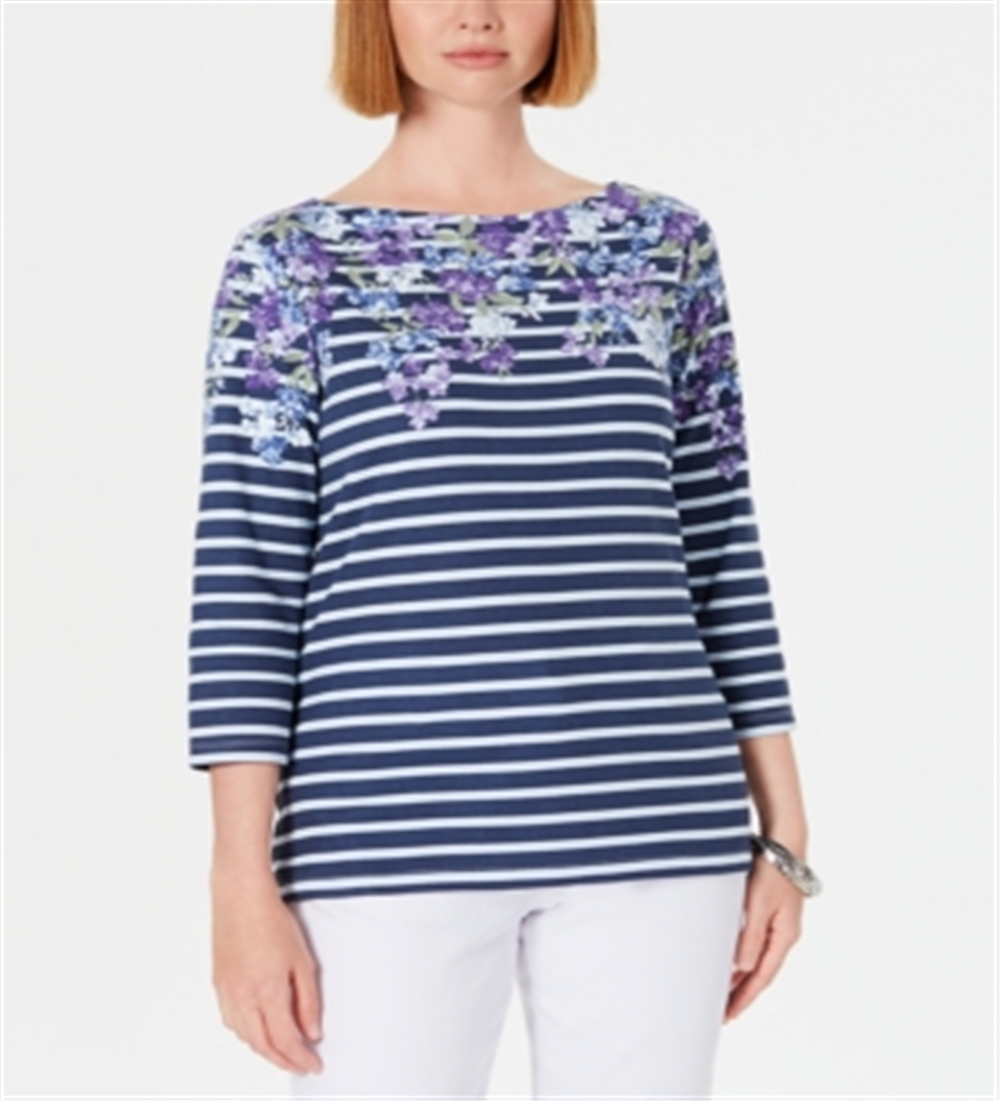 Karen Scott Women's Floral Striped Boat Neck Top Blue Size Petite X-Large