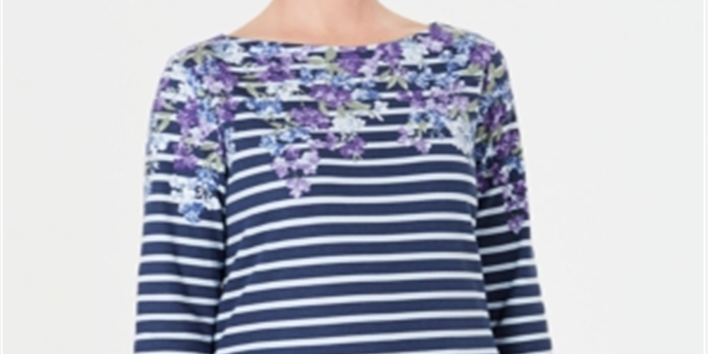 Karen Scott Women's Floral Striped Boat Neck Top Blue Size Petite X-Large