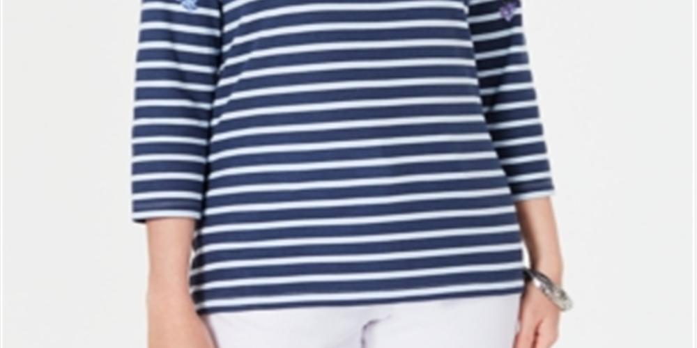 Karen Scott Women's Floral Striped Boat Neck Top Blue Size Petite X-Large