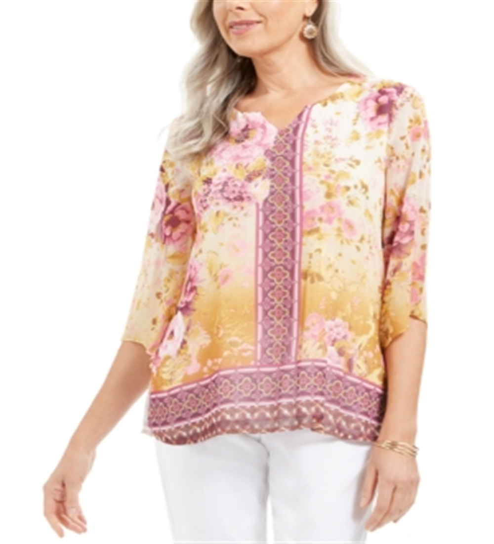 JM Collection Women's Floral Print Top Yellow Size Petite