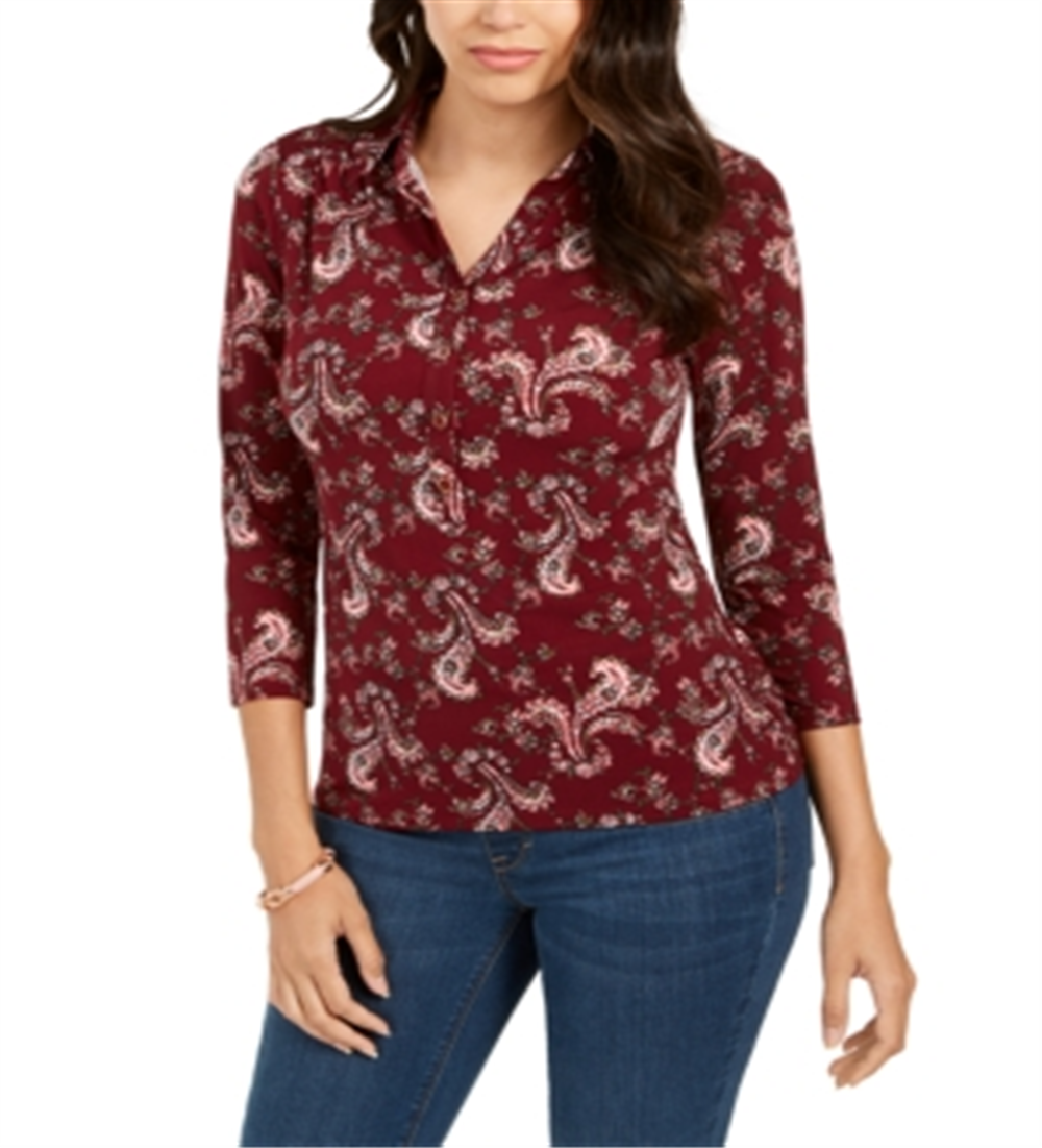 Charter Club Women's 3/4 Sleeve Printed Polo Top Red Size XX-Large
