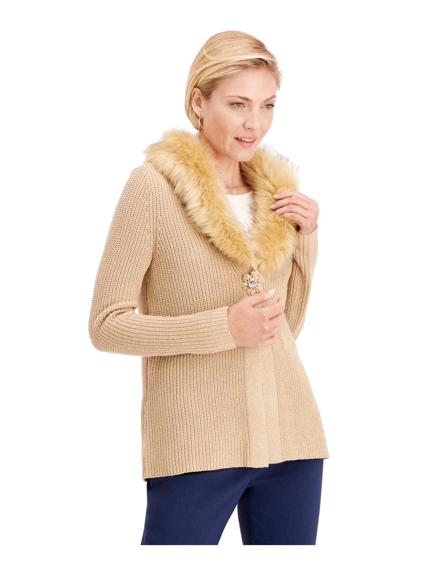 JM Collection Women's Holiday Party Faux Fur Collar Sweater Brown Size X-Large