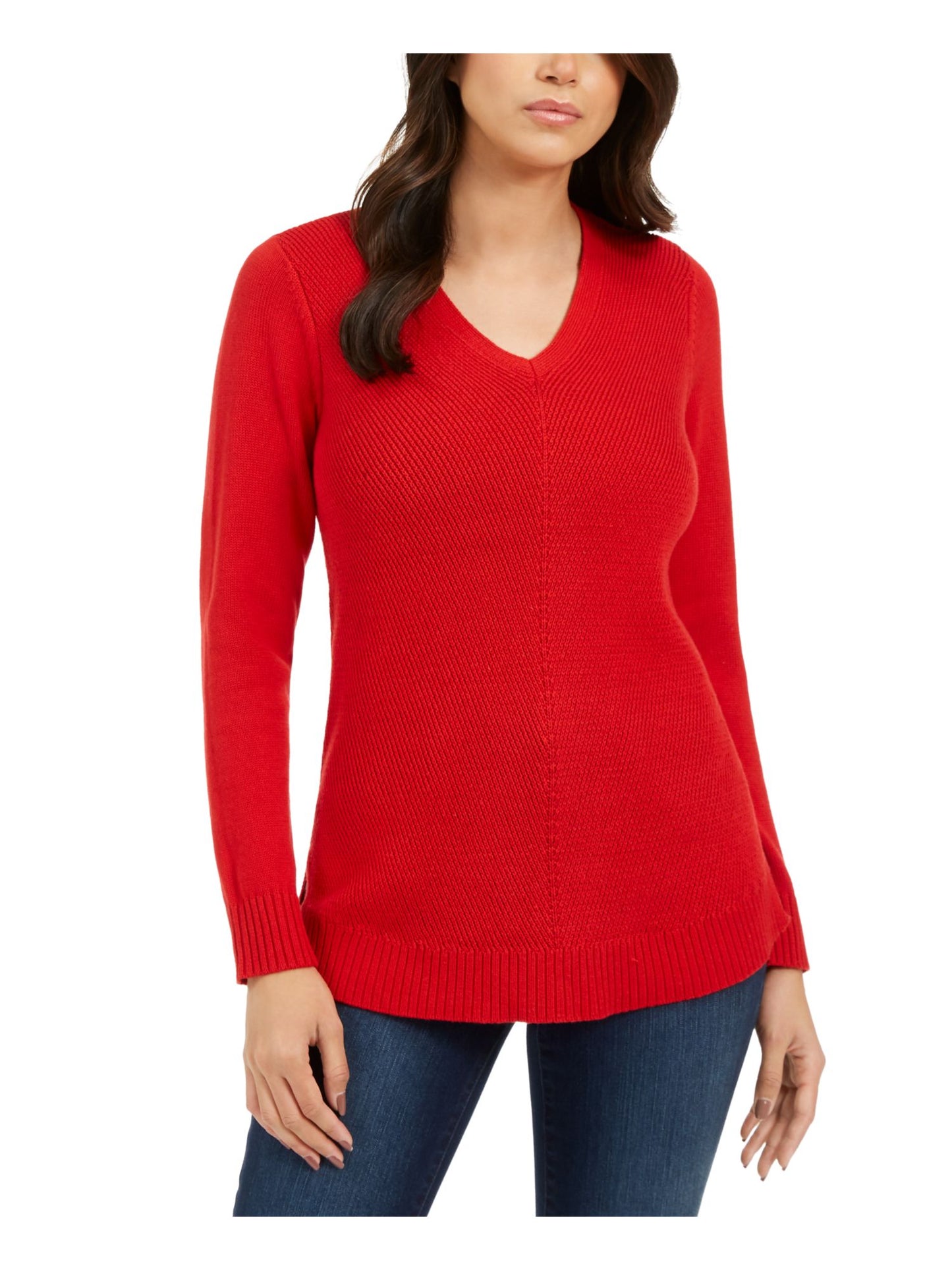 Charter Club Women's Ribbed Textured Long Sleeve V Neck T-Shirt Red Size Petite Small