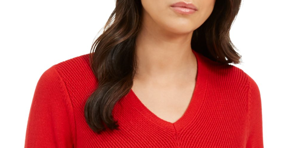 Charter Club Women's Ribbed Textured Long Sleeve V Neck T-Shirt Red Size Petite Small