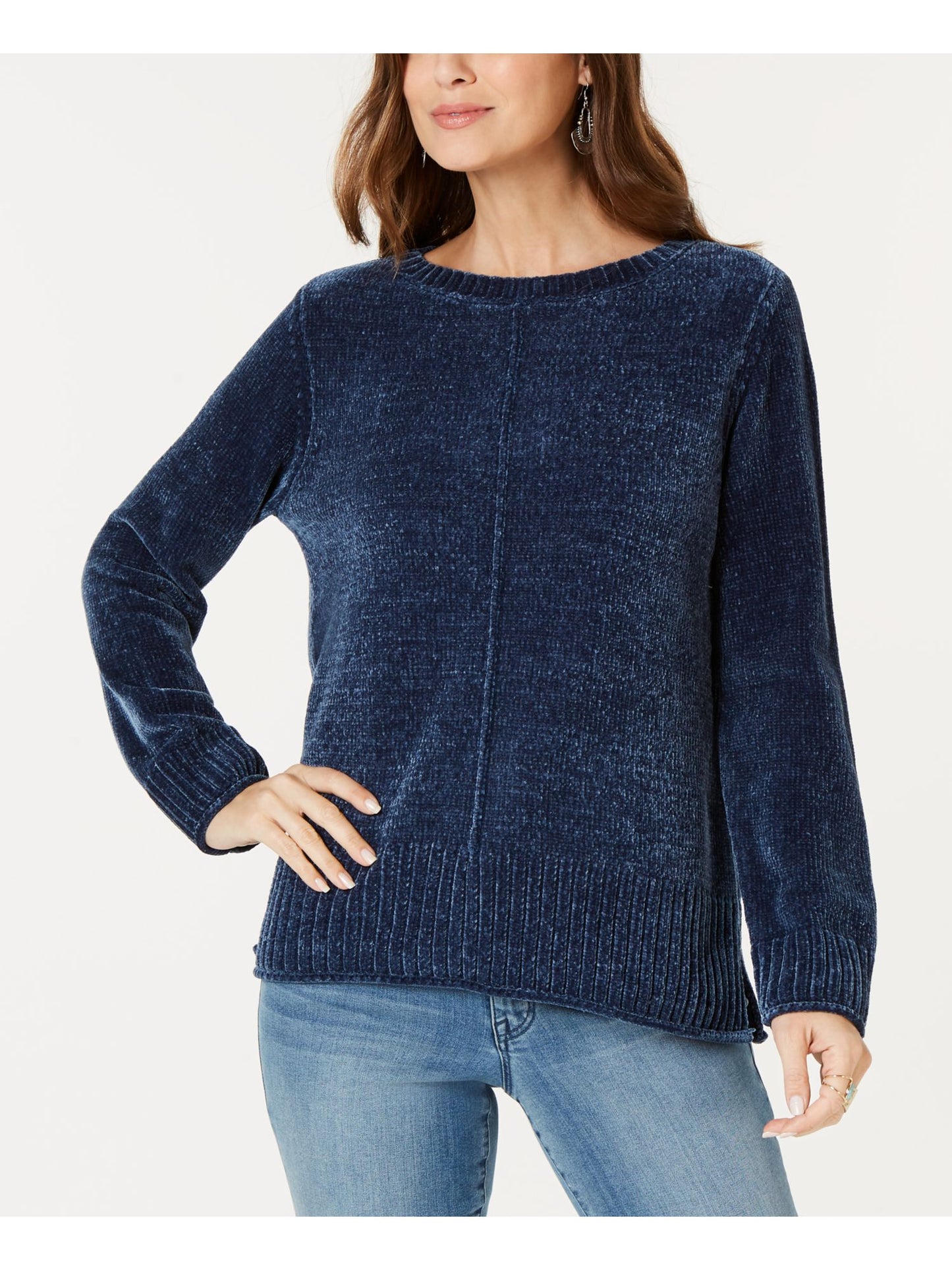 Style & Co Women's Textured Heather Long Sleeve Crew Neck Blouse Sweater Blue Size Large