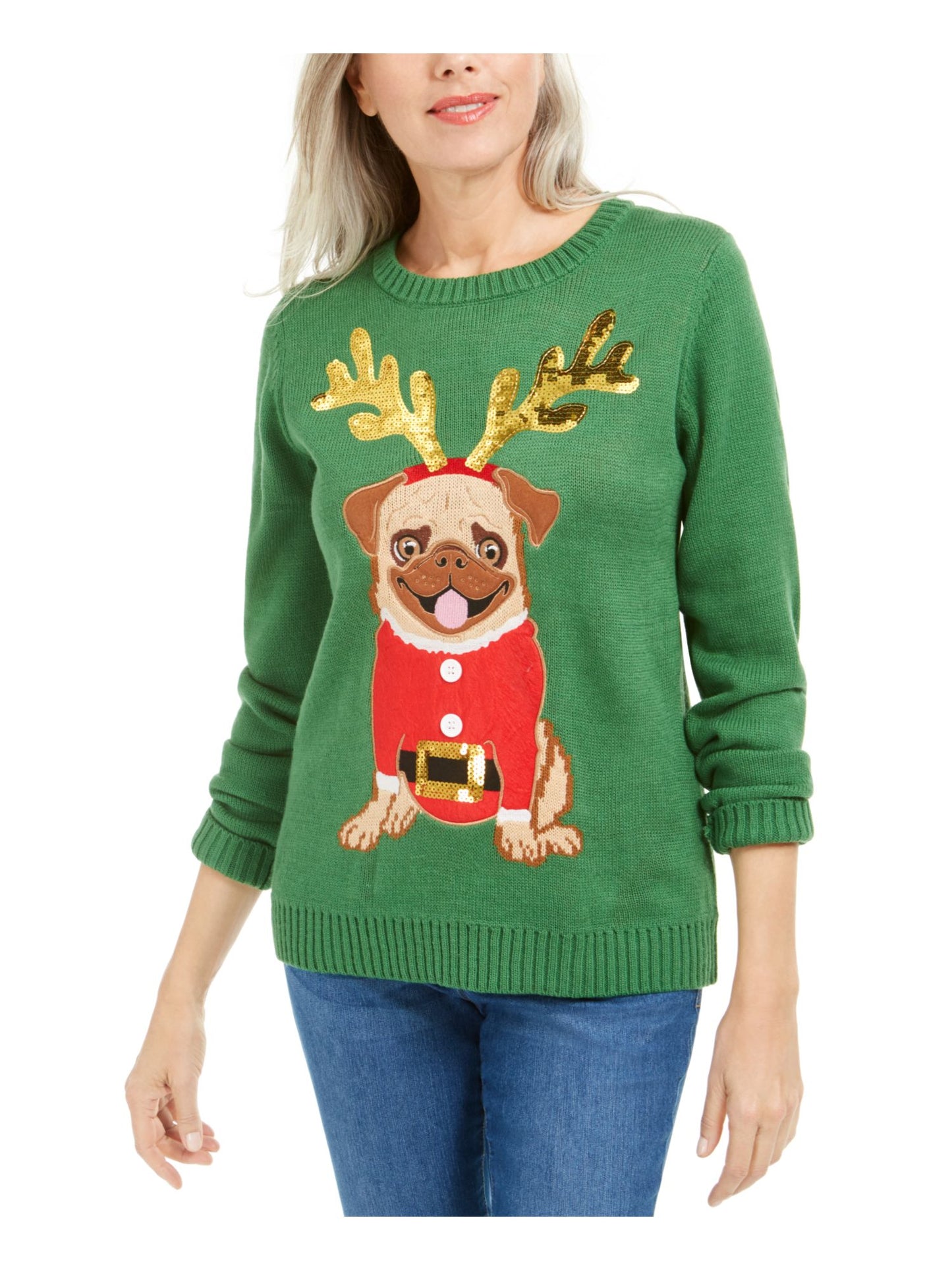 Karen Scott Women's Christmas Pug Sweater Green Size Petite S