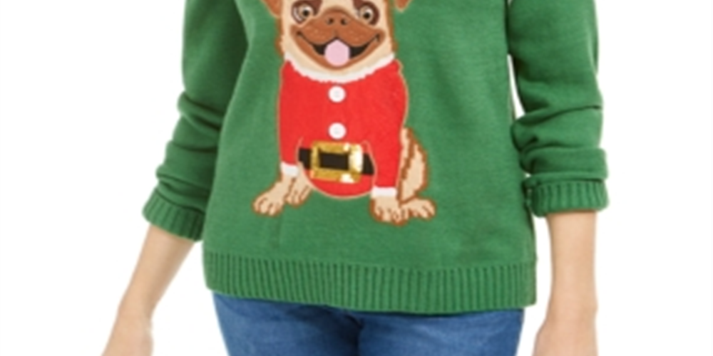 Karen Scott Women's Christmas Pug Sweater Green Size Petite S