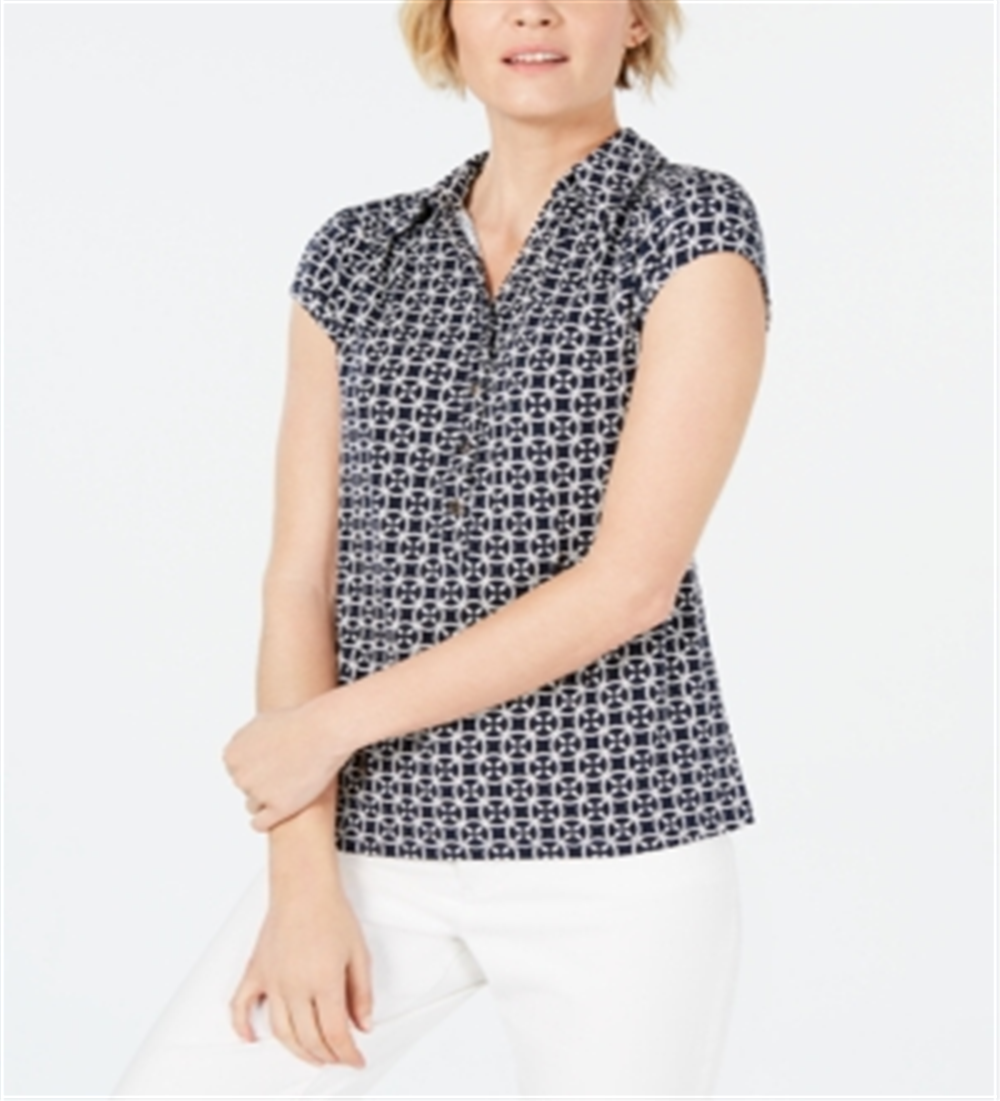 Charter Club Women's Geo Print Polo Shirt Blue Size Medium