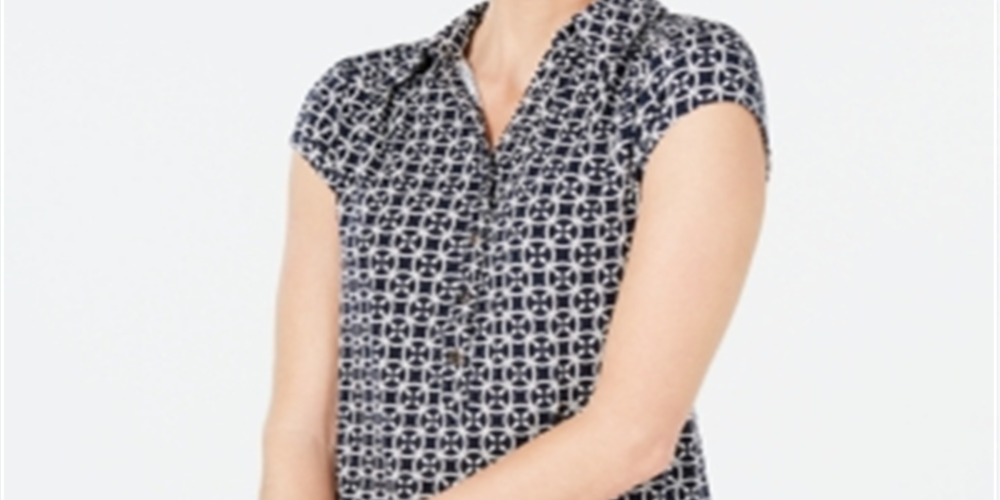 Charter Club Women's Geo Print Polo Shirt Blue Size Medium