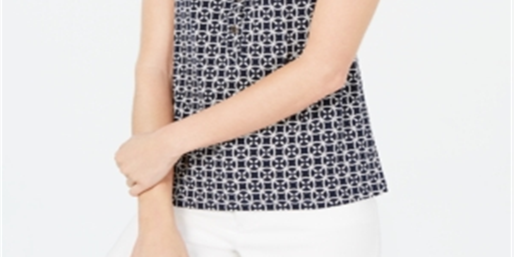 Charter Club Women's Geo Print Polo Shirt Blue Size Medium