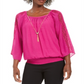 JM Collection Women's Textured Crochet Sleeve Necklace Gauze Top Pink Size XX-Large