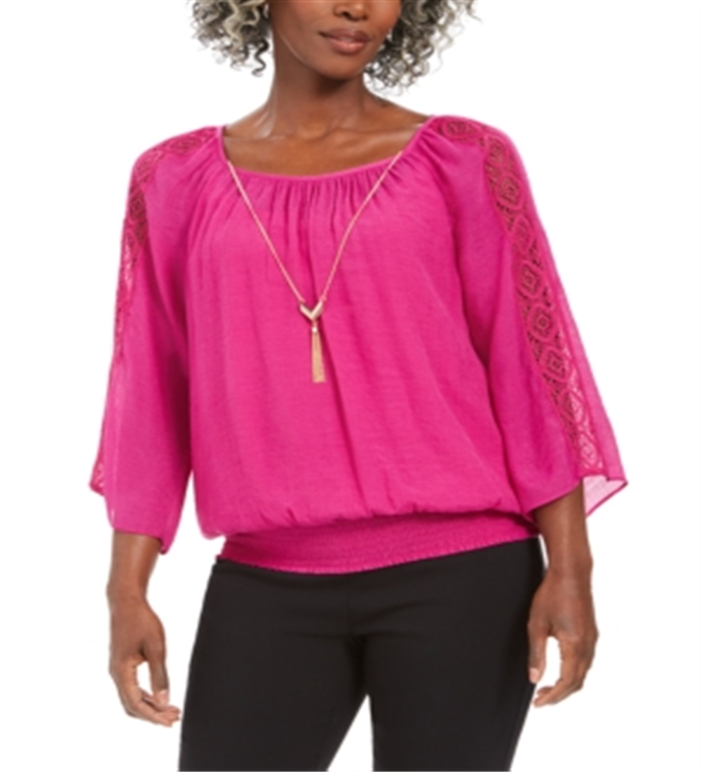 JM Collection Women's Textured Crochet Sleeve Necklace Gauze Top Pink Size XX-Large