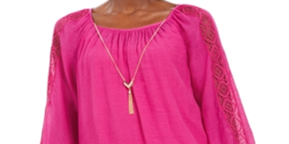 JM Collection Women's Textured Crochet Sleeve Necklace Gauze Top Pink Size XX-Large