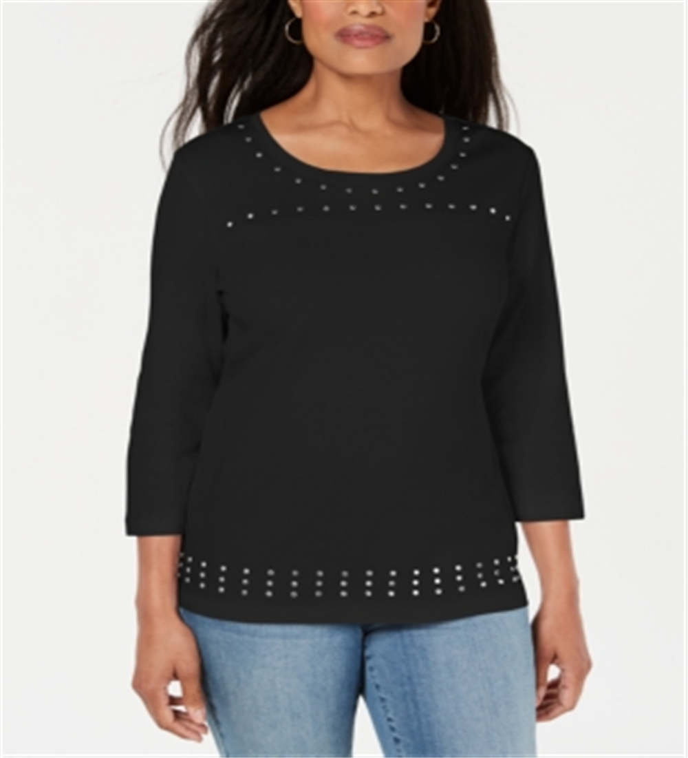 Karen Scott Women's Scoop Neck Studded Top Black Size Small