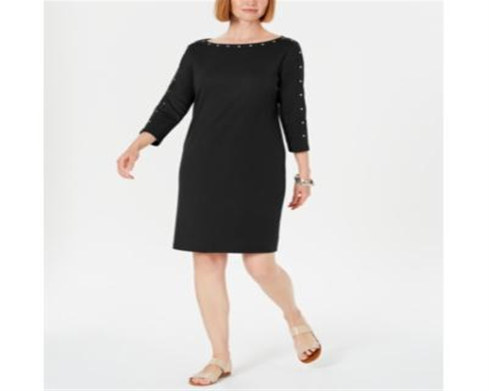 Karen Scott Women's Boat Neck Studded Dress Black Size Petite Small
