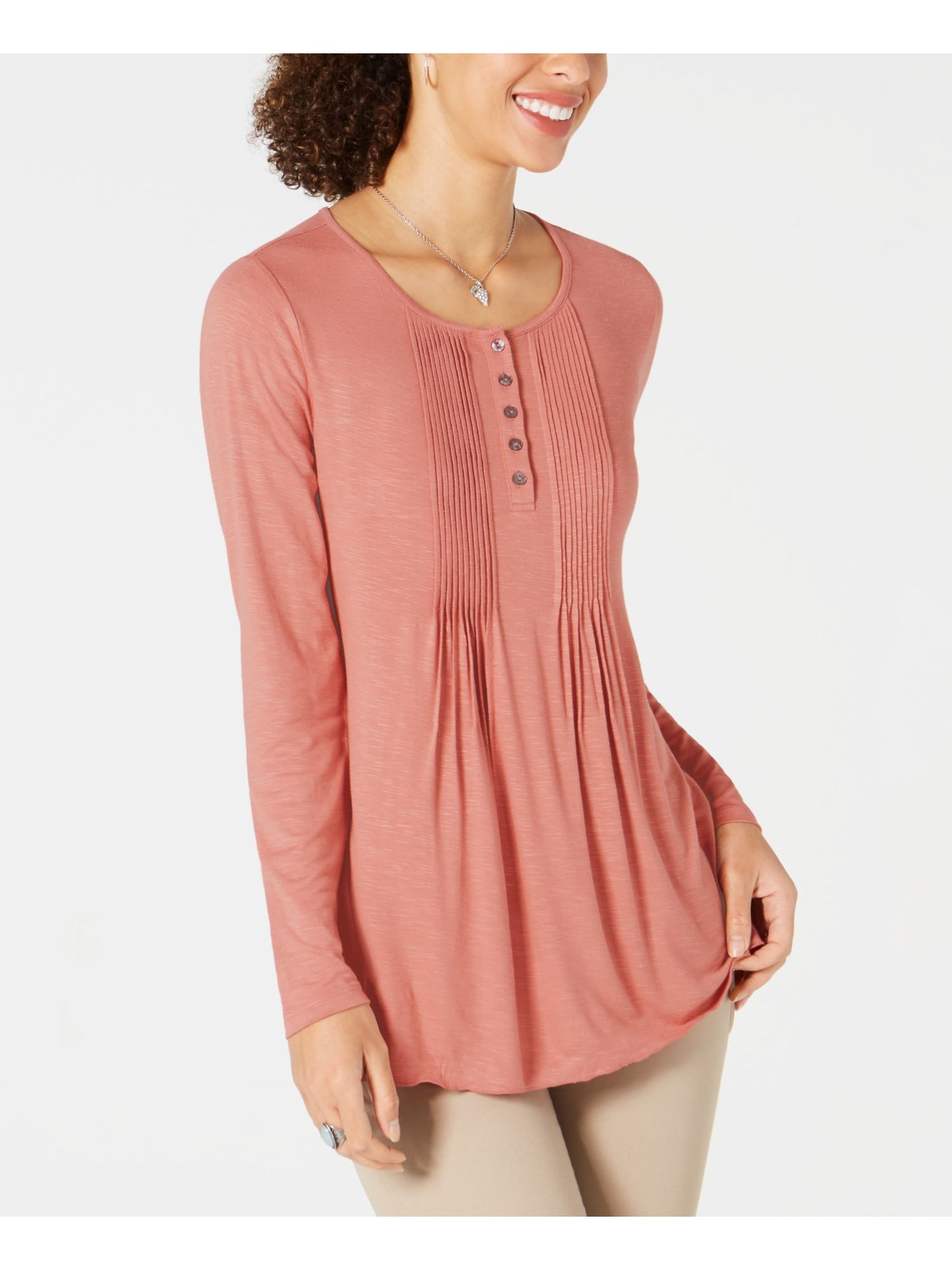 Style & Co Women's Long Sleeve Pintuck Top Pink Size X-Large