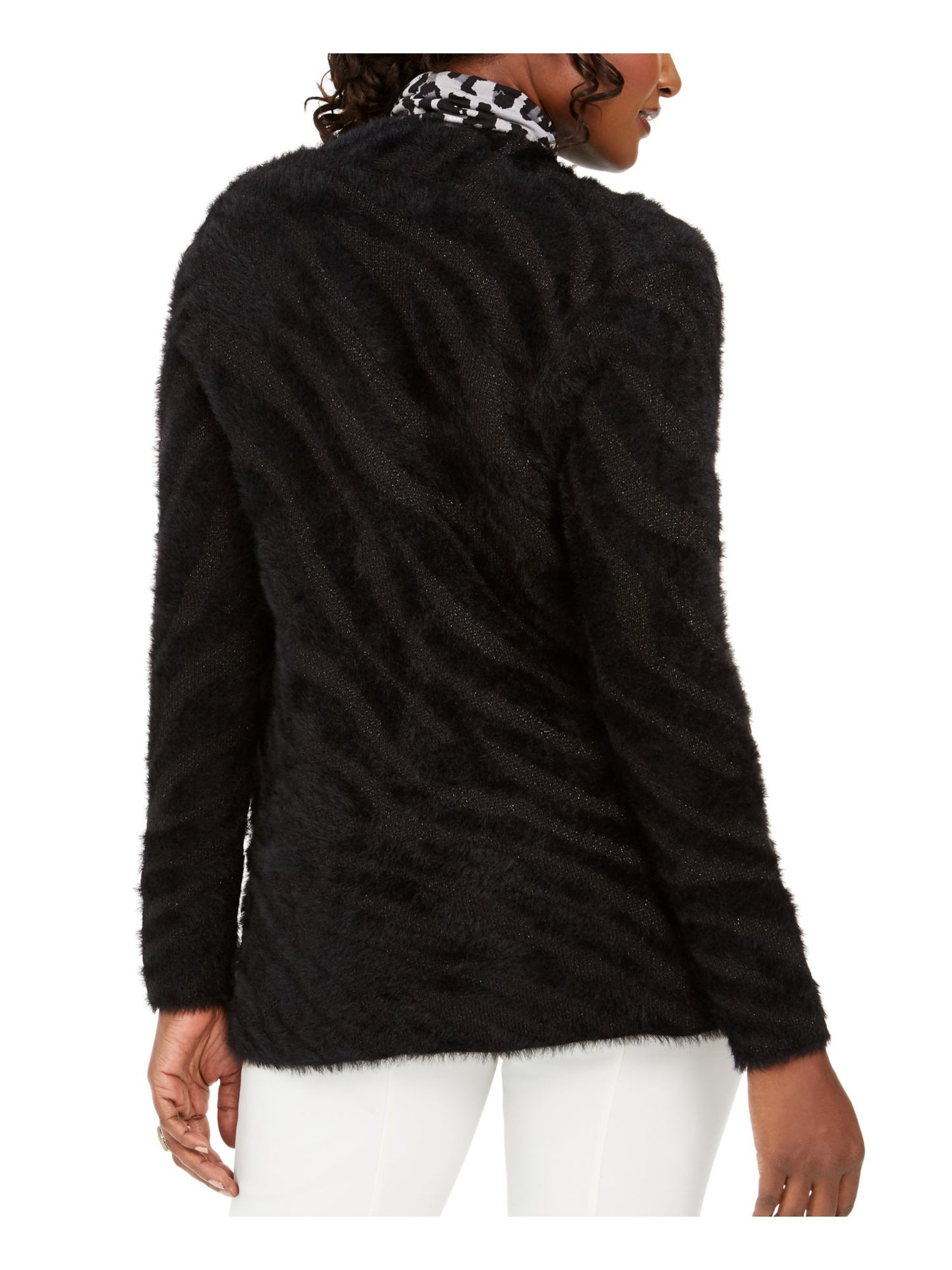 JM Collection Women's Animal Print Eyelash Cardigan Black Size Petite L