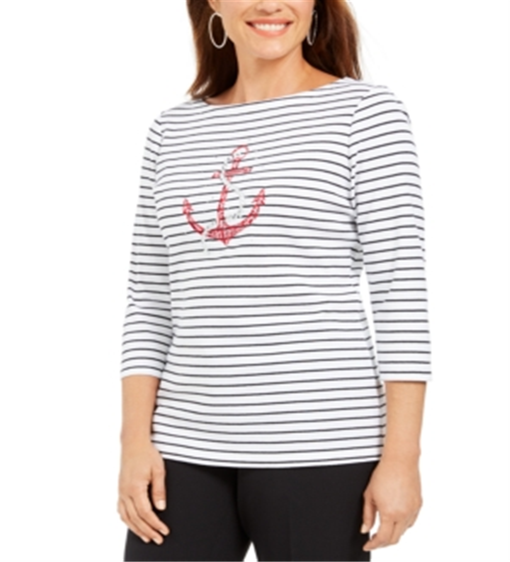 Karen Scott Women's Cotton Striped Anchor Graphic Top White Combo Size Petite S/M